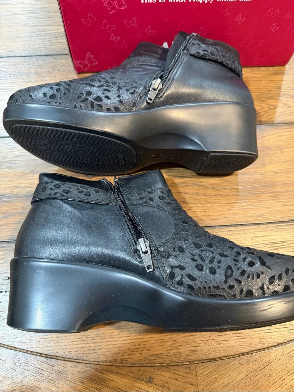 Alegria Black Floral Cutout Wedge Ankle Boots